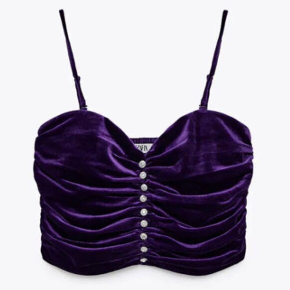 Zara Purple Velvet Ruched Crop Top with Spaghetti Straps - Size Small NWT - Picture 3 of 9